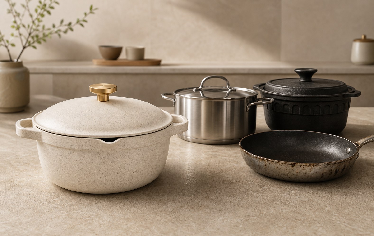 Cream CERENE ceramic casserole shown beside stainless steel, cast iron, and worn nonstick cookware.