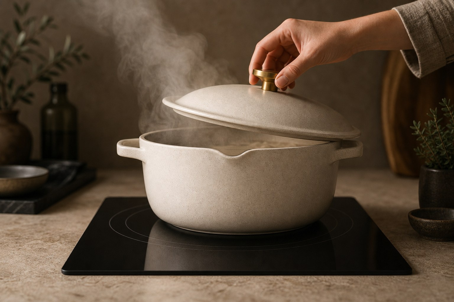 CERENE ceramic casserole cooking on an induction hob with steam rising as the lid is lifted.