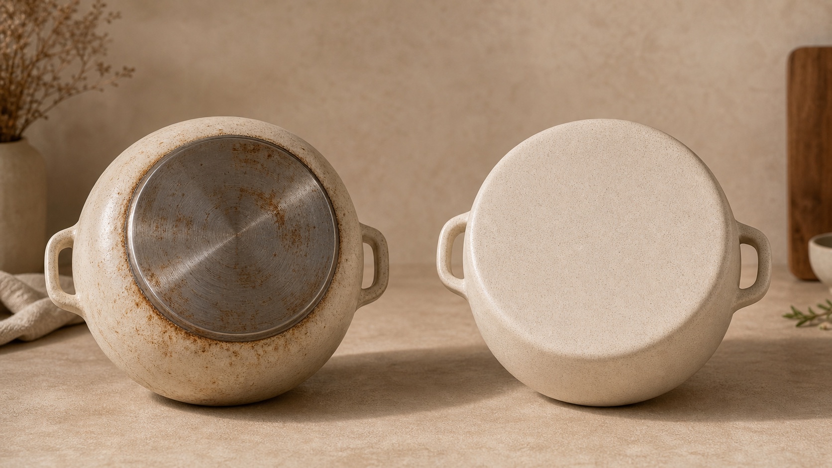 Comparison of a worn ceramic casserole with a visible metal induction disc and a smooth uninterrupted ceramic base.